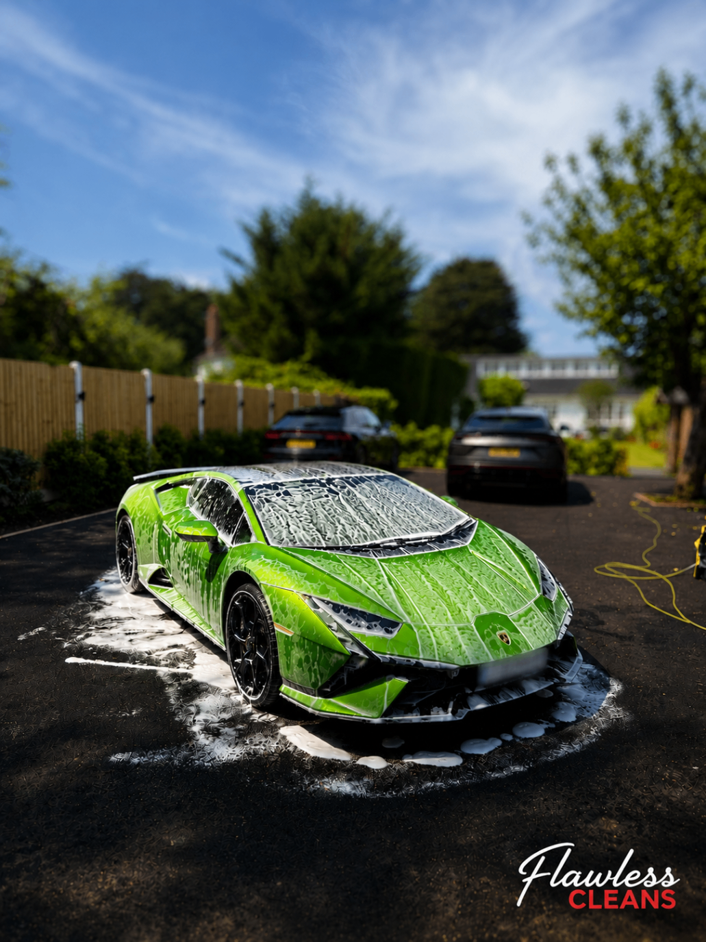 Green Lamborghini Huracán Tecnica covered in snow foam during a safe wash