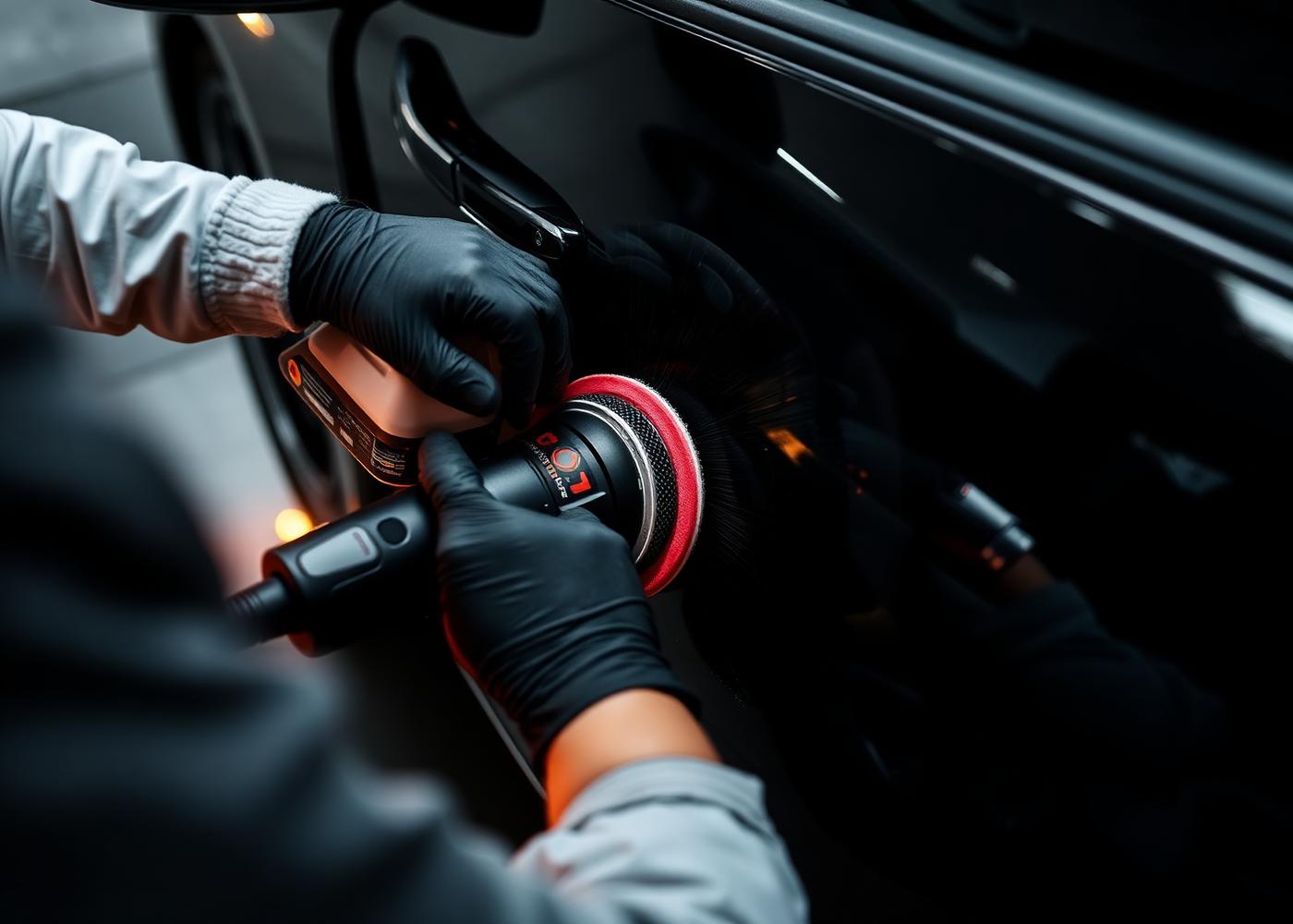 Detailer machine polishing a door panel