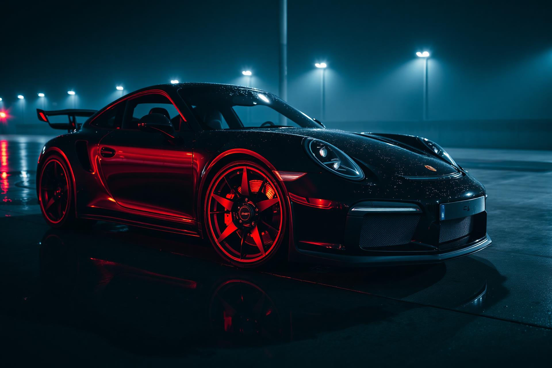 Premium mobile car detailing on a black Porsche at night